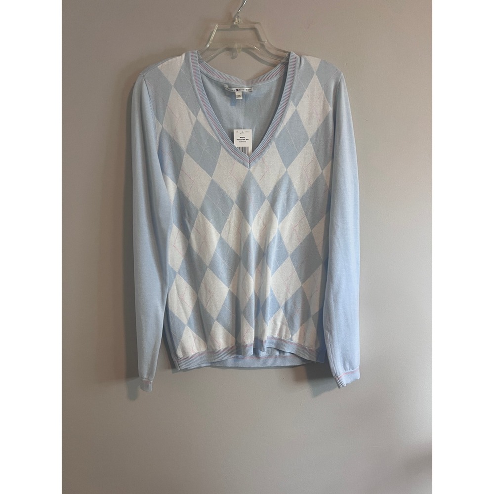 Tommy Hilfiger Womens Argyle V-Neck Sweater Light Blue White L A50326486 484